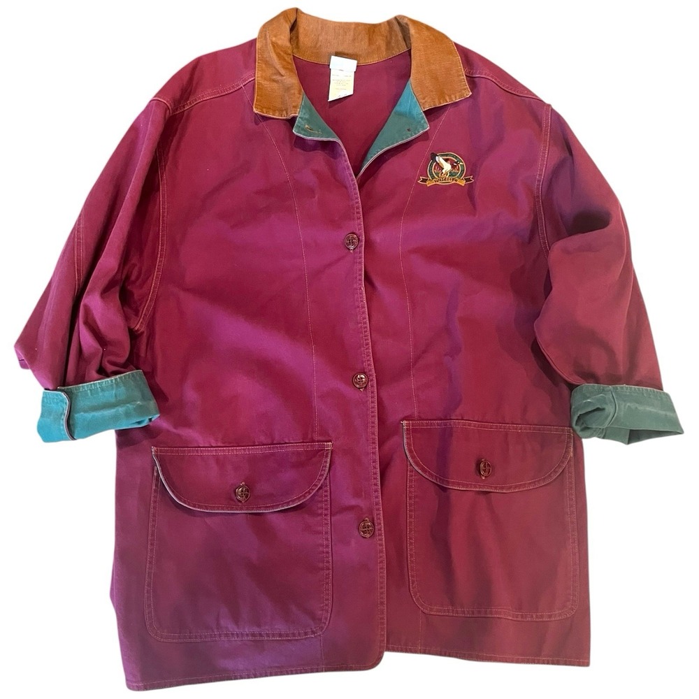 VTG Jantzen Wildlife Embroidered Teal Maroon Purple Jacket LARGE Barn Chore Coat